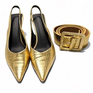 Gold Snakeskin Slingback Heels and Belt Set